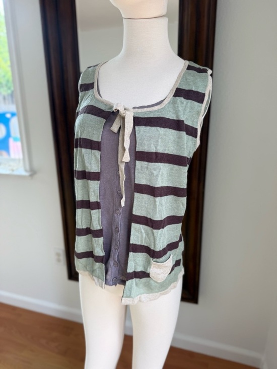 Hoss Intropia Tops - Striped Sleeveless Linen Tunic with Tie Neck in Sage Green and Charcoal